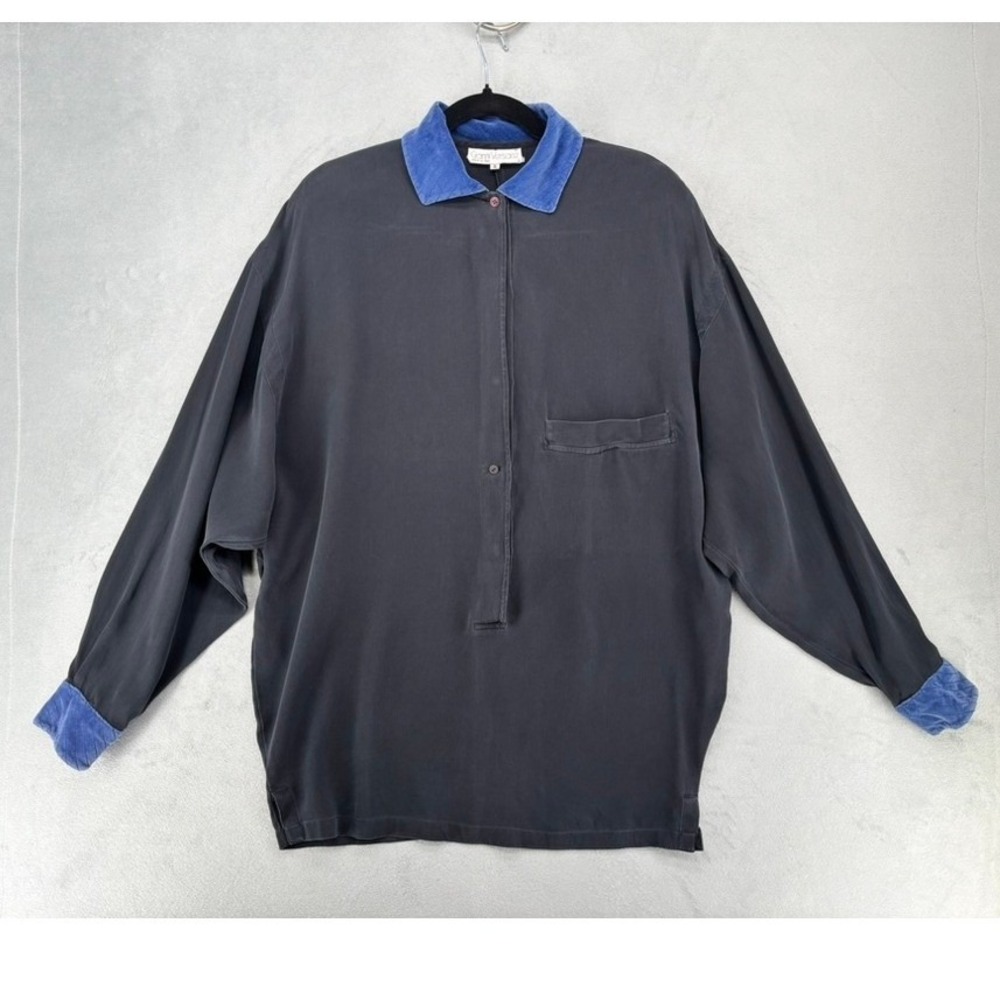 Vintage 80s Gianni Versace Silk Blend Shirt Blue Velvet Collar Made in Italy